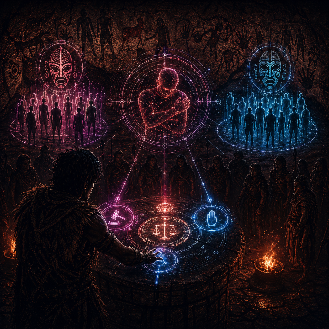 Punition altruiste : balance, marteau et main face à la tribu — le rituel du jugement