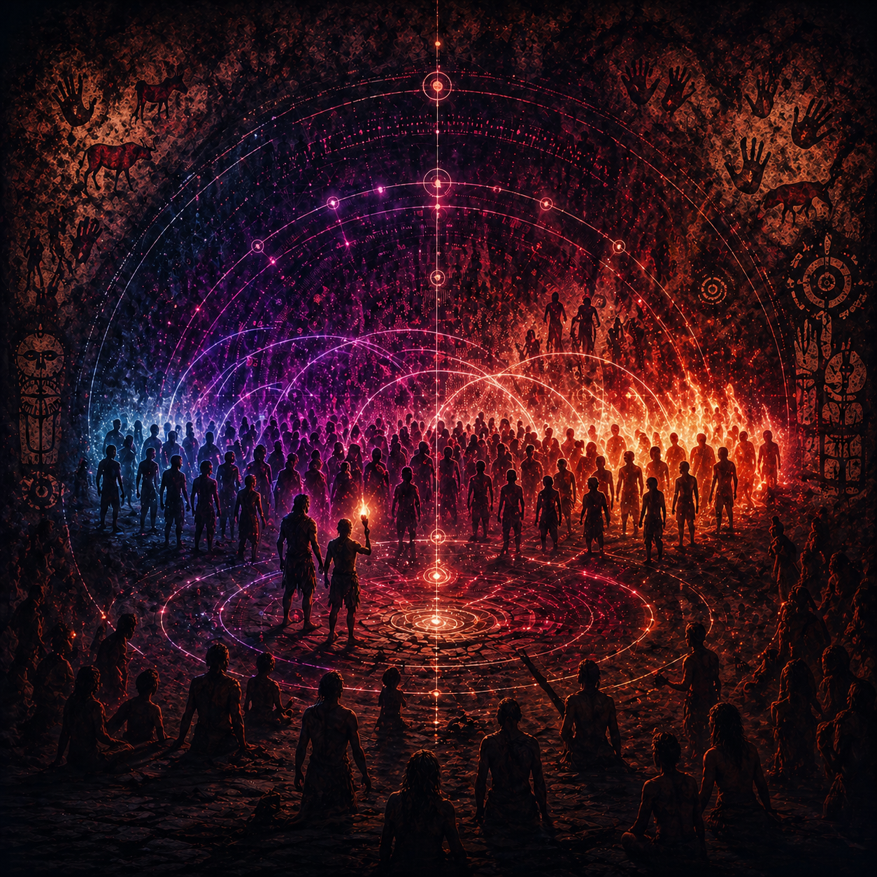 Contagion émotionnelle : une foule polarisée en arc rouge/bleu autour d'un foyer central