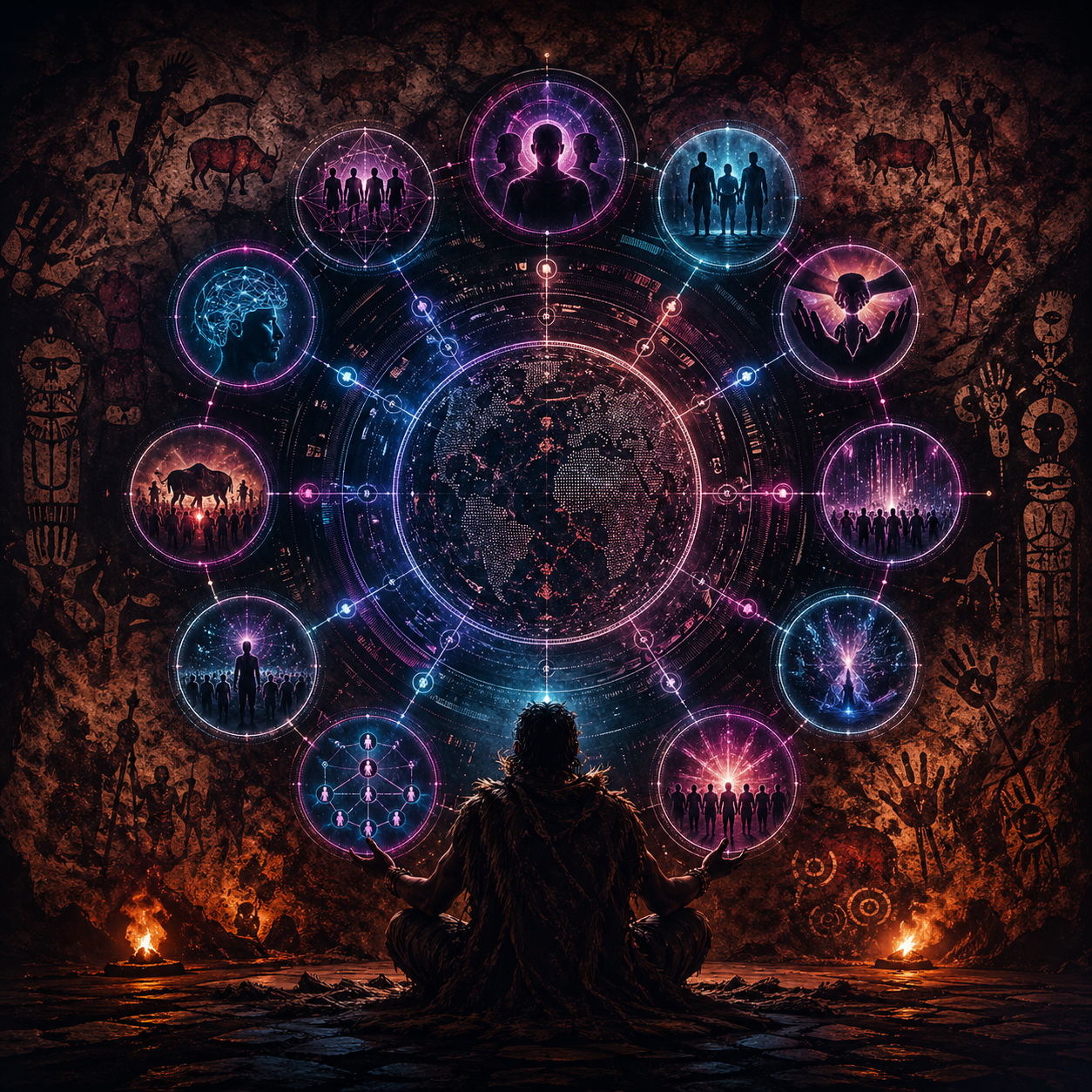 Atlas des mécanismes : méditation au centre d'un mandala cosmique tribal