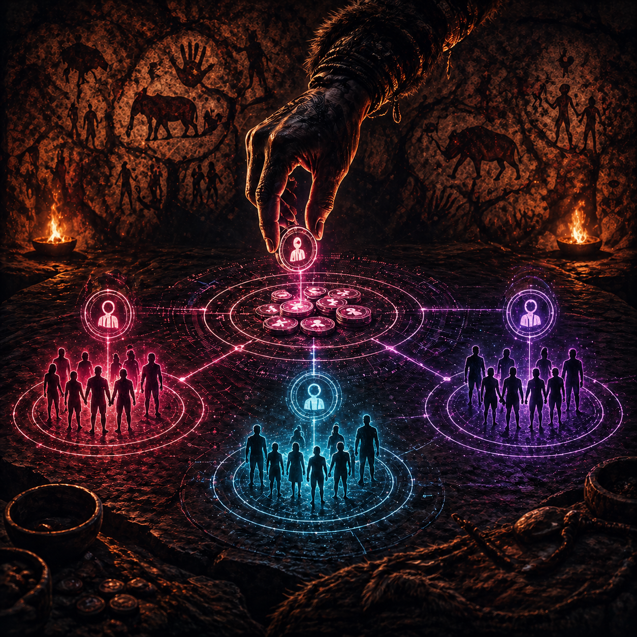 Le Jeu du Nous : main qui agence les tribus connectées au-dessus des cercles ancestraux